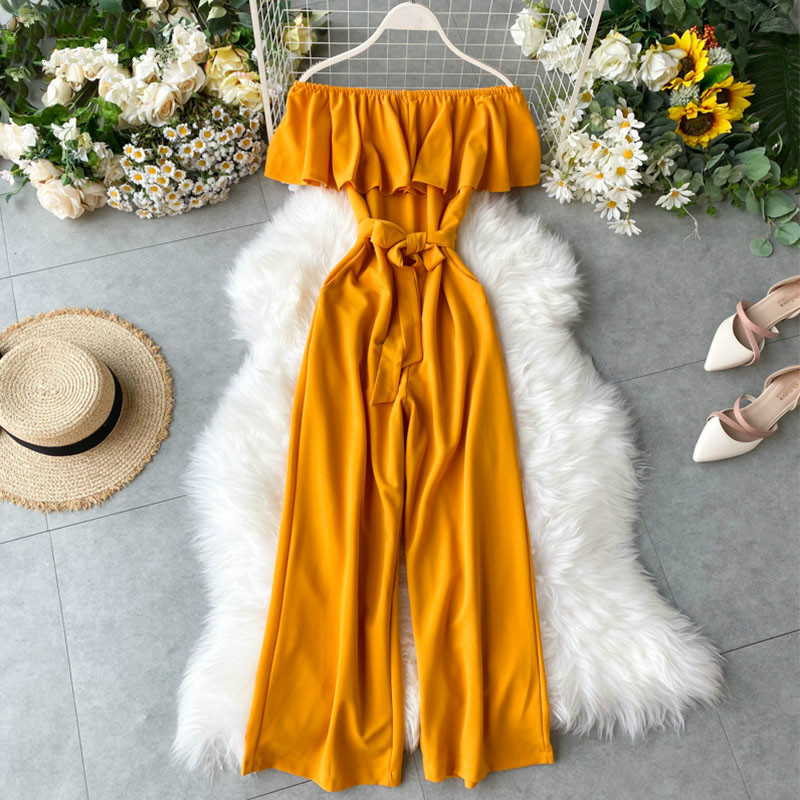 

Summer Ruffles Playsuit Women Sexy Off Shoulder Bandage Boho Jumpsuit Ladies Elegant High Waist Romper Bods Overalls, Black;white