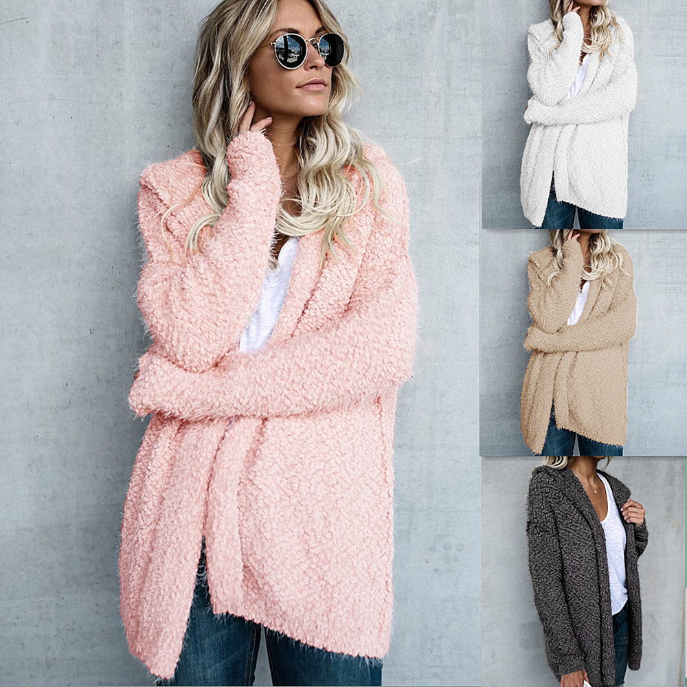 Woman Winter Hooded Cardigan Coats Loose Warm Foft Coats Womens Tops Clothing Solid Color Fashion Wear Womens Outerwear
