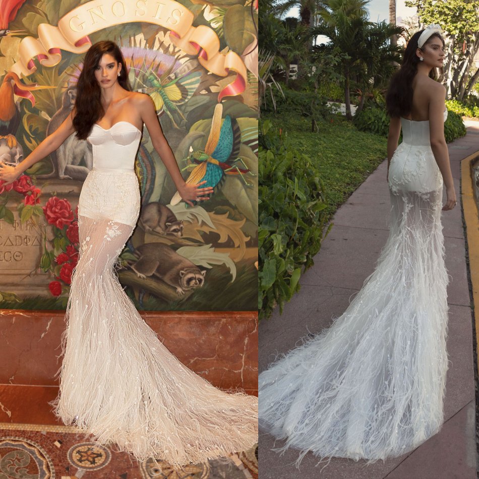 

Julie Vino 2020 Mermaid Sexy Wedding Dresses Luxury Feather Sweetheart Lace Appliqued Beads Bridal Gowns Sweep Train Wedding Dress, Coral
