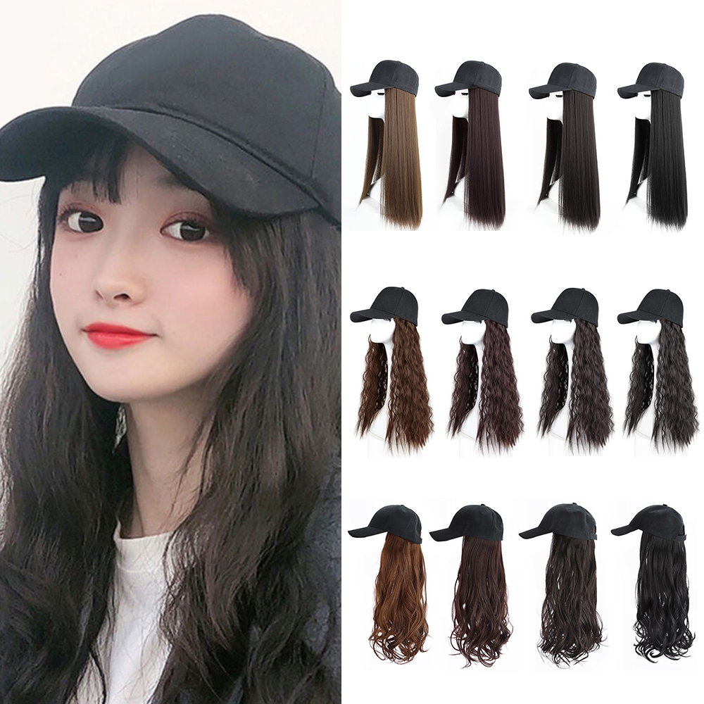 

New Girl Women Baseball Hat With Synthetic Hair Female Long Curly Hair Frivolous Invisible Big Wave Wig Female Net Red Hat Wig