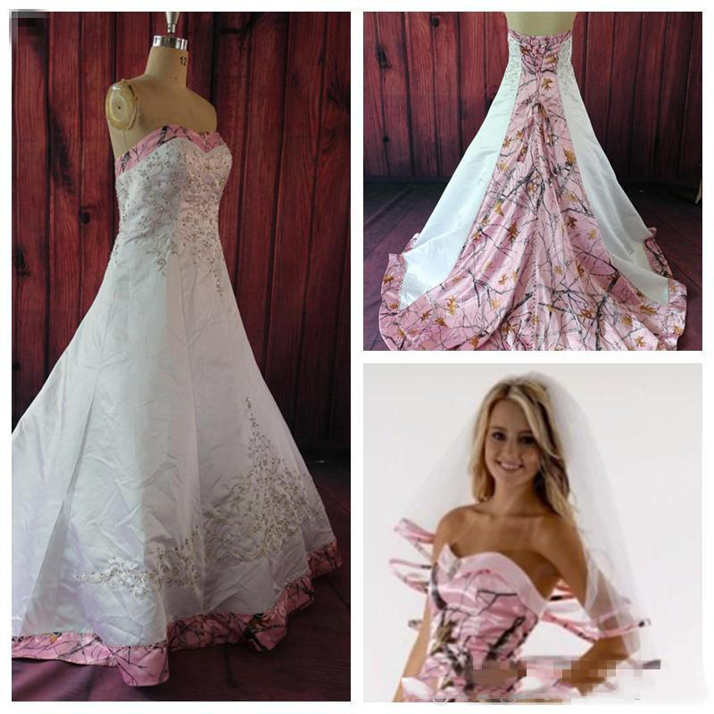 

Custom Made Colored Pink Camo Wedding Dresses A-line Court Train Sweetheart Satin Lace-up Bridal Gowns Plus Size Wedding Dress, Ivory