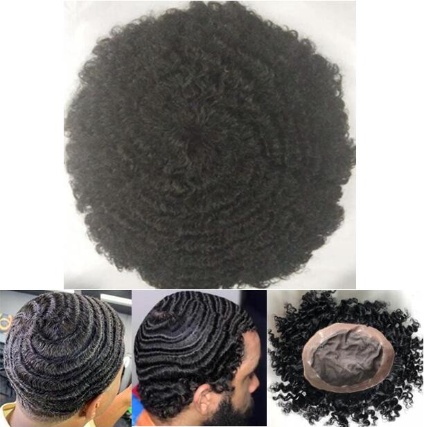 

Afro Curl 360 Wave Mono with NPU Toupee Men's Wig Full Lace Toupee Men Hairpieces Indian Virgin Human Hair Replacement for Black Men, Jet black #1