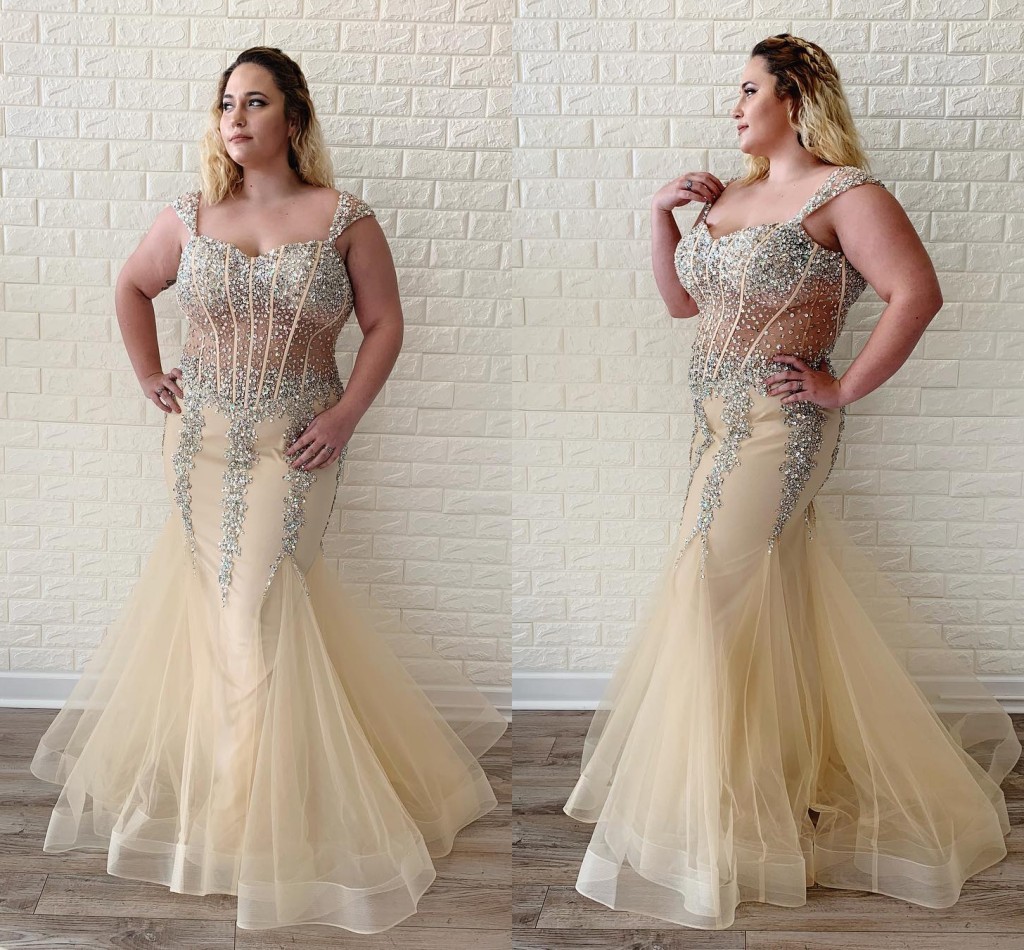 

Popular Champagne Mermaid Evening Prom Dresses Plus size Cap Short Sleeves Crystal Bodice See Through Formal Party Dress Custom Made, Gray