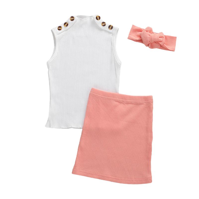 

3-8Y Summer Fashion Kids Baby Girls Clothes Sets 3pcs Sleeveless Pullover White Vest Tops Pink Skirts Headband, As pic