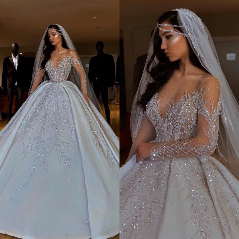 

Sexy Illusion Ball Gown Wedding Dress Luxury Beading Long Sleeves Dubai Wedding Gowns White Court Train robe de mariee, Red