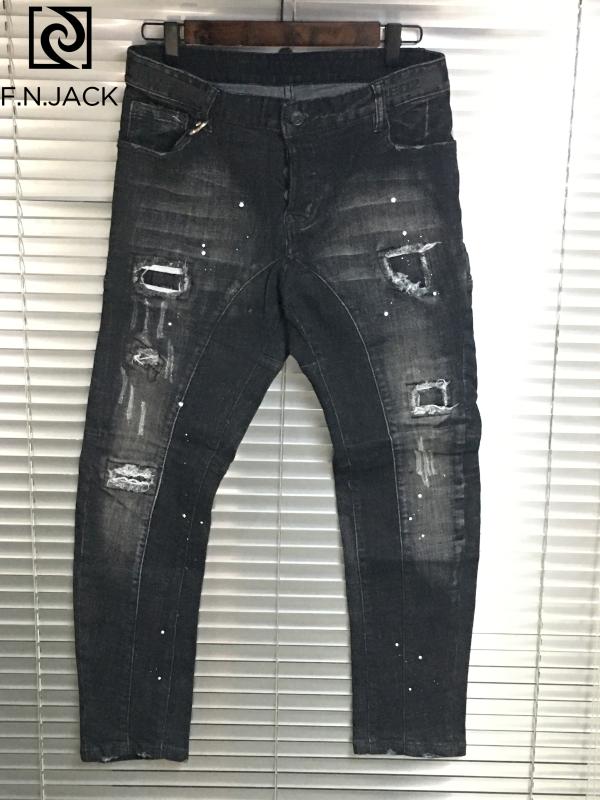 

F.N.JACK New Arrival Mens jeans Skinny jeans men Black Stylish Ripped Denim Man streetwear COOL GUY Zipper Pants, 001