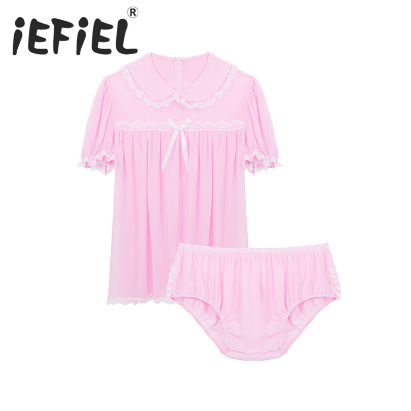 

Mens Adults Lingerie Sissy Chiffon Outfit Doll Collar Short Puff Sleeve Frilly Crossdress Dress with Ruffled Underwear Panties, Pink