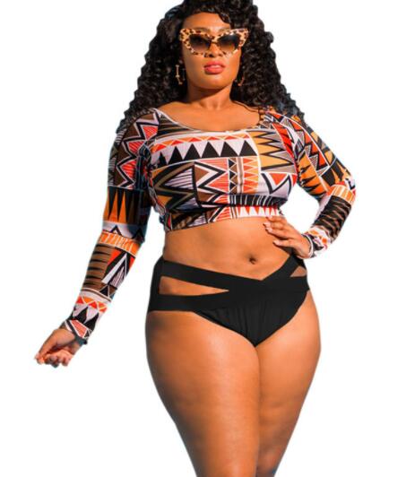 

Top Women's large plus Big fat swimsuit printed with fat pleats and high waist to cover the belly Bikinis Sets Triangle Sexy
