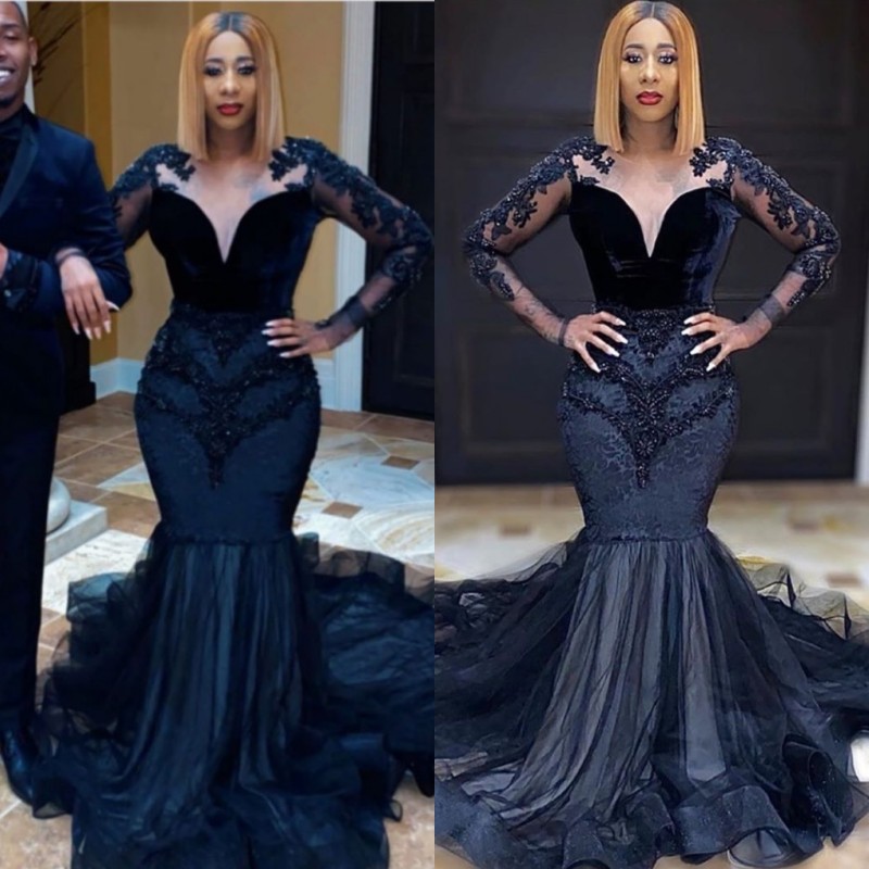 

2020 Saudi Arabia Black Prom Dresses Crew Neck Nude Mesh Mermaid Long Sleeves Lace Appliques Evening Gowns Plus Size Velevet, Light sky blue