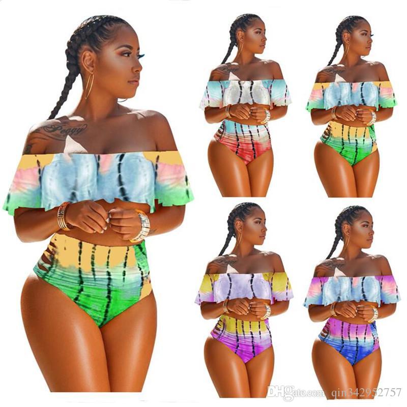 

Women Tie-dye Flounce Swimsuit Strapless Bikini Fashion Top + Hipster Swimwear Gradient Color Off Shoulder Falbala Ruffle Swimsuits, #1