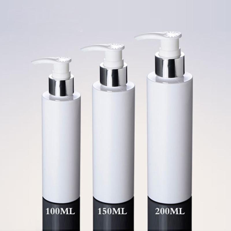 

3 ps lot Cosmetic Packaging Bottles 100ml 150ml 200ml White Plastic Silver Lotion Pump Bottle PET Bottle for Shampoo with Dispenser