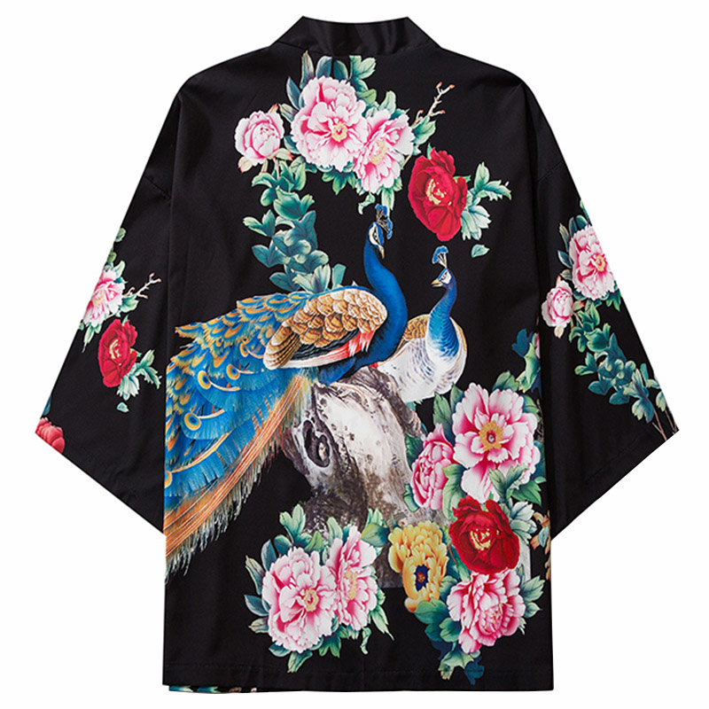 

Japanese Kimono Cardigan Shirts Peacock Peony Print Thin Clothing Harajuku Streetwear Men Hip Hop 2020 Summer New Jackets Tops, Black