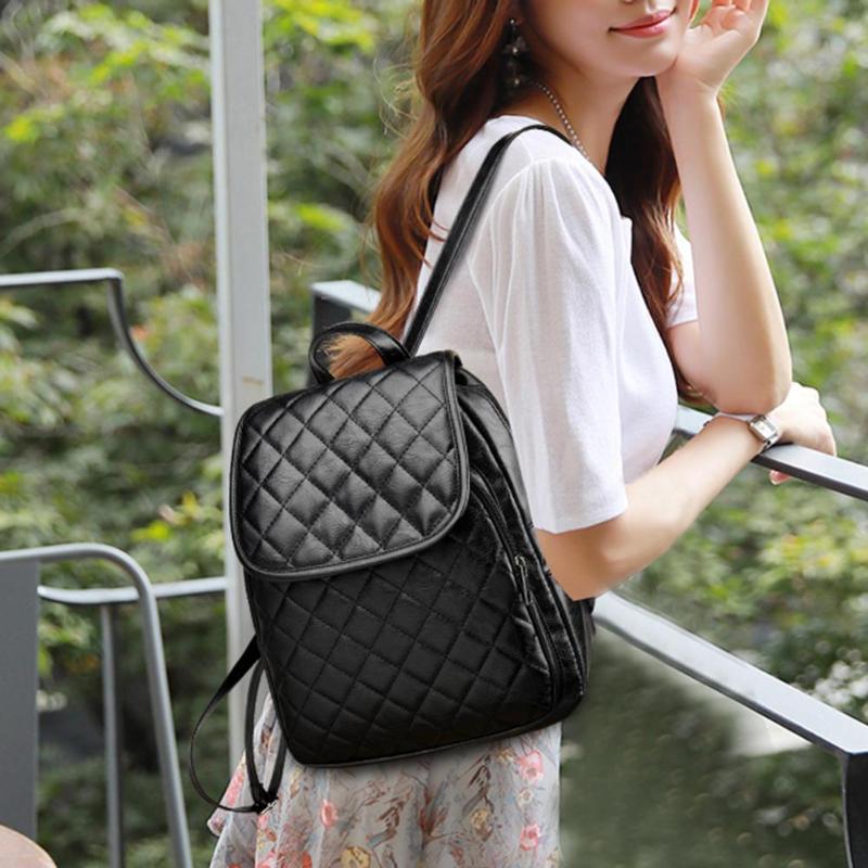 Designer-Solid Black Women Plaid PU Leather Backpacks Casual Teen Girls School Travel Shoulder Bags For Teenage Girls Feminina