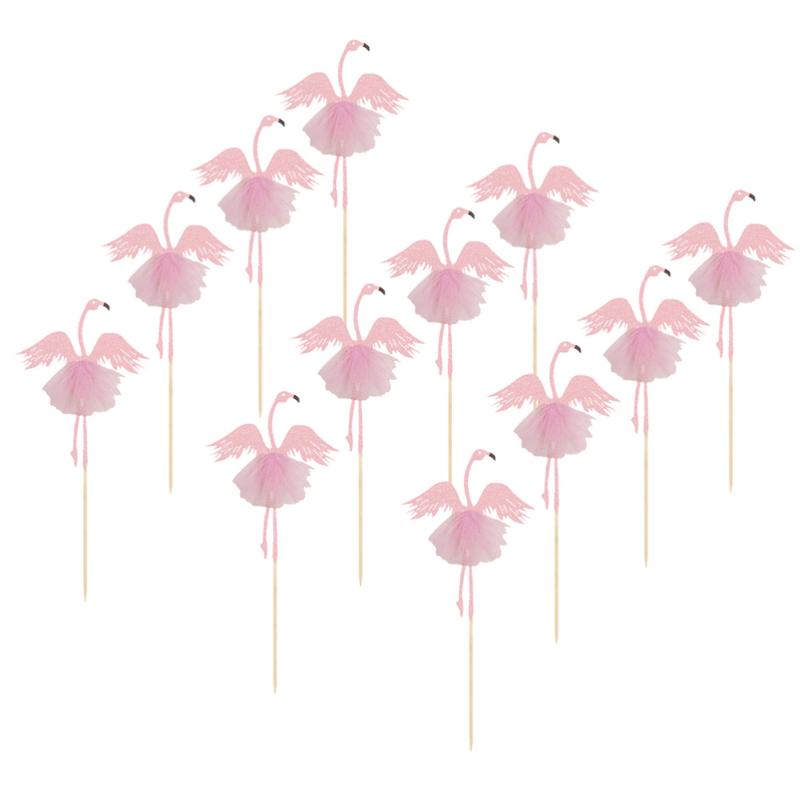 

12PCS Ballet Flamingo Cupcake Inserts Paper Label Cake Toppers Cake Decor Party Supplies (Pink