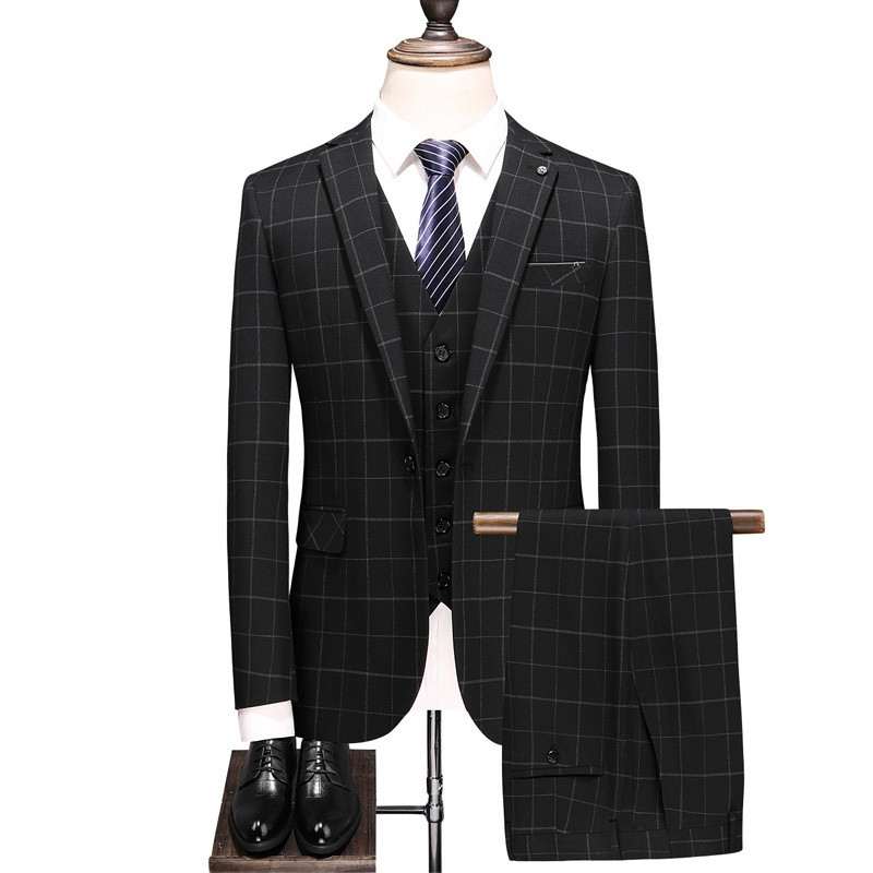 

Men's suit retro black plaid slim gentleman men's suit Blazer with trousers and vest three-piece set men's business casual suit, Same as the picture