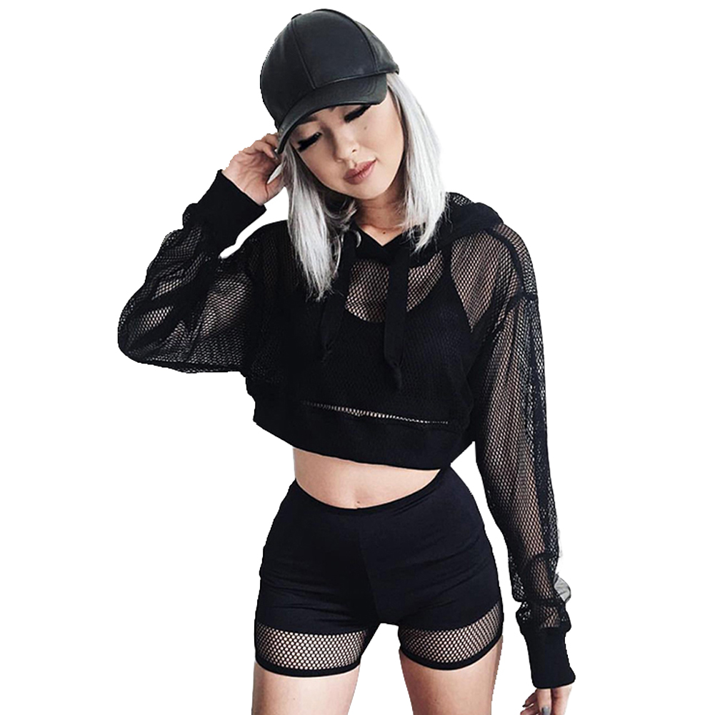 

Fashion-Hoodies Sweatshirt Women 2018 Autumn Solid Black White Long Sleeve Hooded Sexy Hollow Fishnet Pullover Top Hoodie
