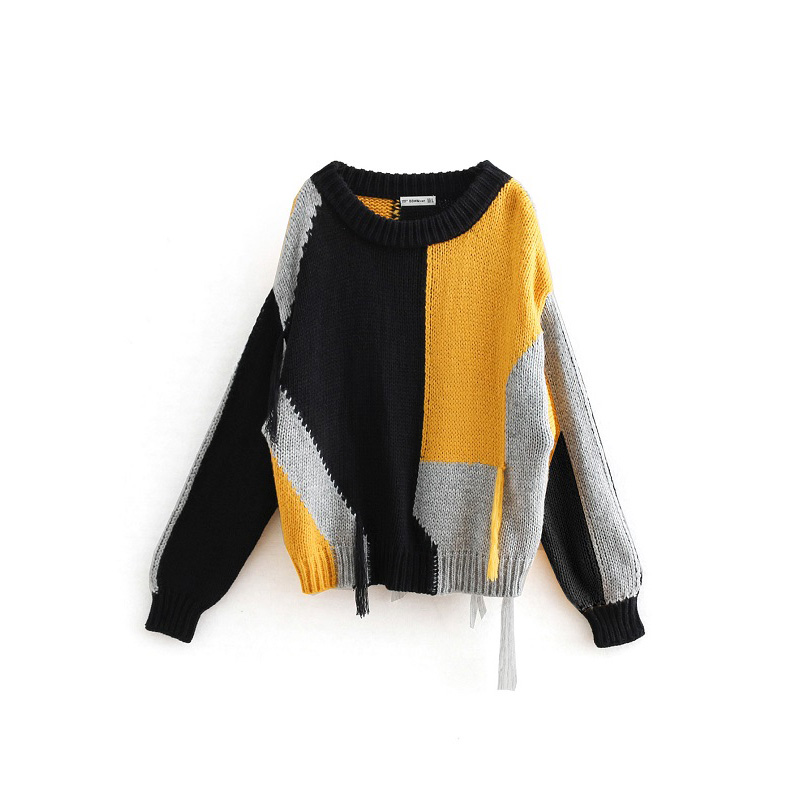 

fashion color patchwork tassel sweater casual ladies knitwear feminine jumpers for girls women o-neck knitted pullovers, Black