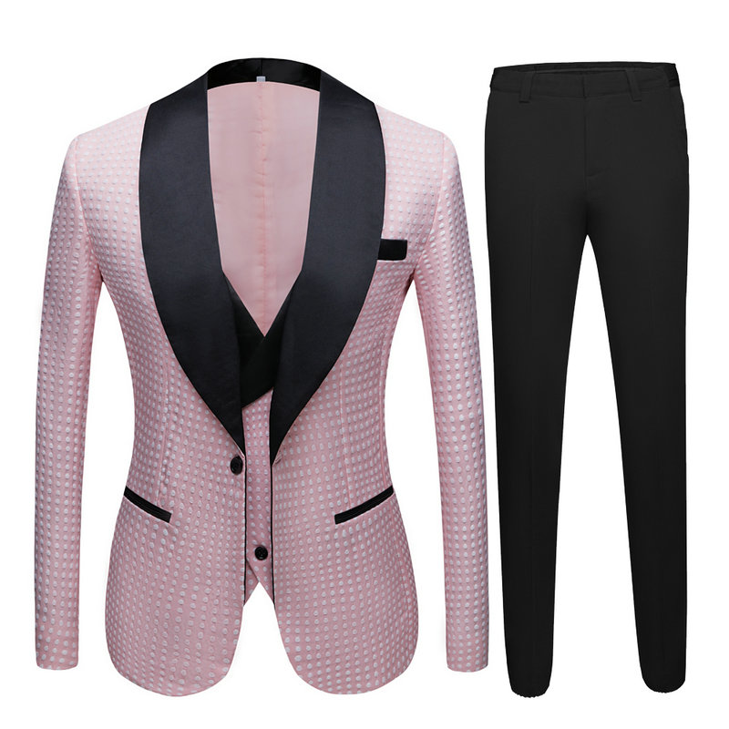 

Latest Coat Pant Designs 2020 Shawl Lapel Groom Party Tuxedos Pink Dots 3 Piece Suits For Men Custom Made Wedding Men Suit Sets, Same as image