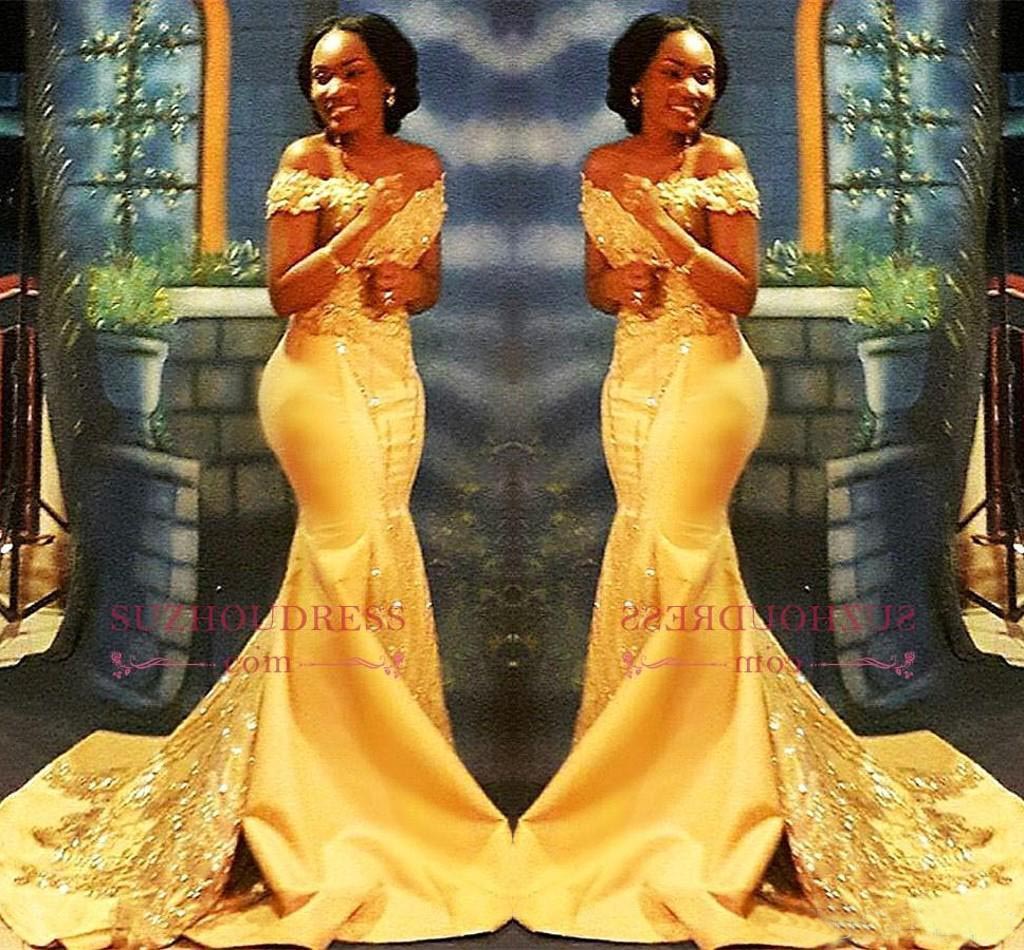 

African Nigerian Yellow Mermaid Prom Dresses 2022 Off Shoulders Lace Sequined Satin Evening Prom Gowns Arabic Dress, Dark navy