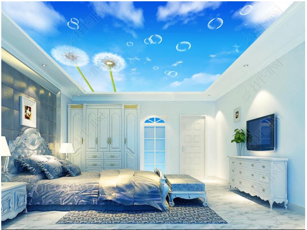 

3d ceiling murals wallpaper custom photo non-woven murals wallpaper for walls HD dandelion blue sky white clouds ceiling ceiling wallpaper, Picture shows