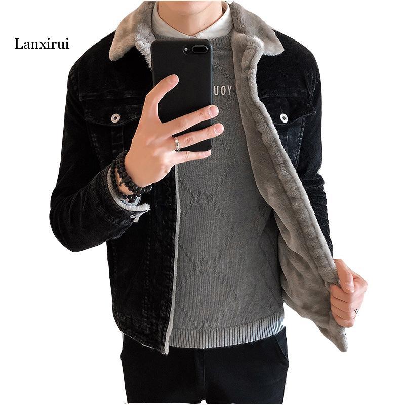 

Men's Lamb Fur Collar Corduroy Cotton Coat Winter Thickening Fashion Men's Cotton jacket Slim jacket More size -XXXL, Black