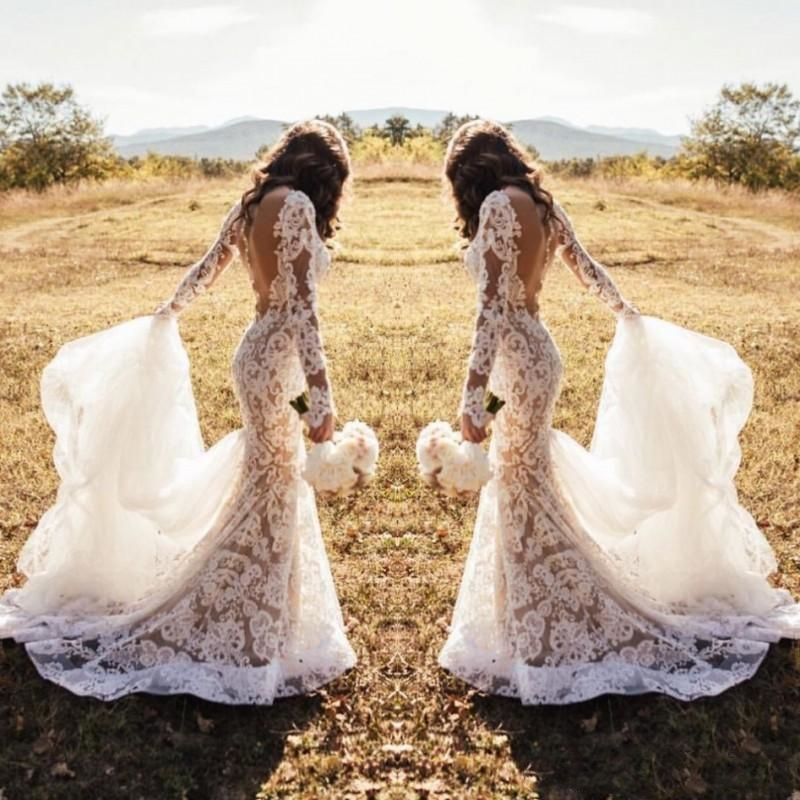 

2020 Modern Design Illusion Lace Wedding Dress Sheer Back Long Sleeve Floor Length Mermaid Sexy Bridal Gowns Custom Size, Same as image