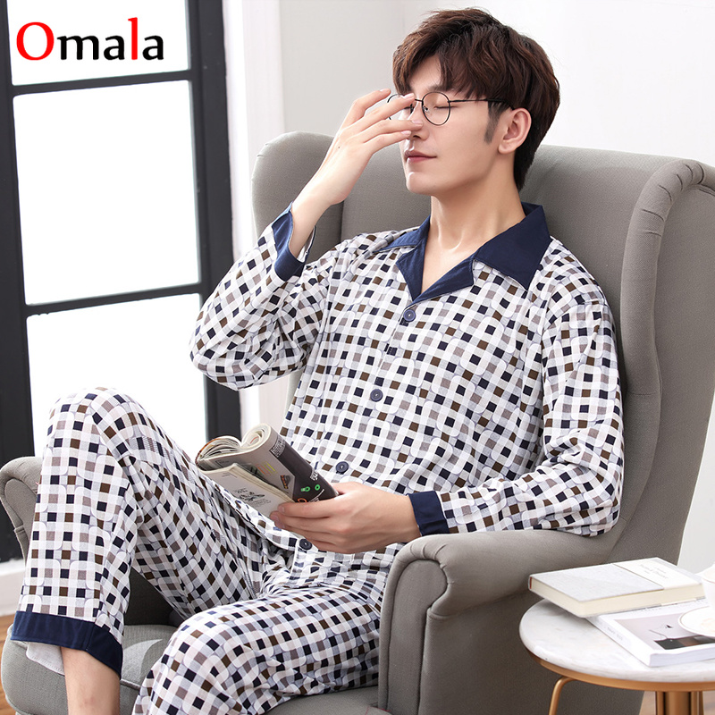 

Spring Autumn new Men's Pajamas Set casual homewear Lattice Men Pajamas Cardigan Sleepwear male Long Sleeve Nightwear Top + Pant, C h 759 hong