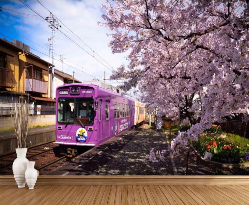 

Train cherry blossom TV background wall wallpaper for walls 3 d for living room, Pink