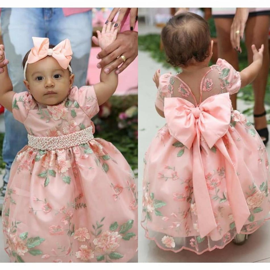 

2019 Cute Pink Christening Gowns For Baby Girls Lace Appliqued Pearls Baptism Dresses With Bonnet First Holy Communication Dress, Dark navy