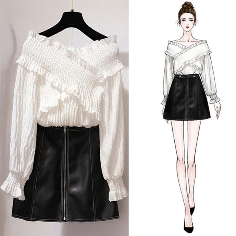 

Women 2020 Summer Chic V-Neck Shirt 2 Piece Set Female Long Sleeve Solid Tops And Zipper Faux Leather Skirt Suit Outfits Y204, As pic