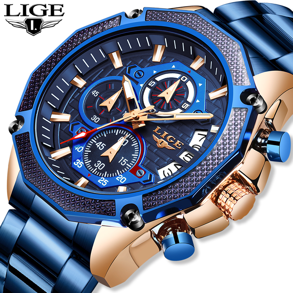 

LIGE 2019 New Fashion Mens Watches with Stainless Steel Top Brand Luxury Sports Chronograph Quartz Watch Men Relogio Masculino LY191226, Rose gold black