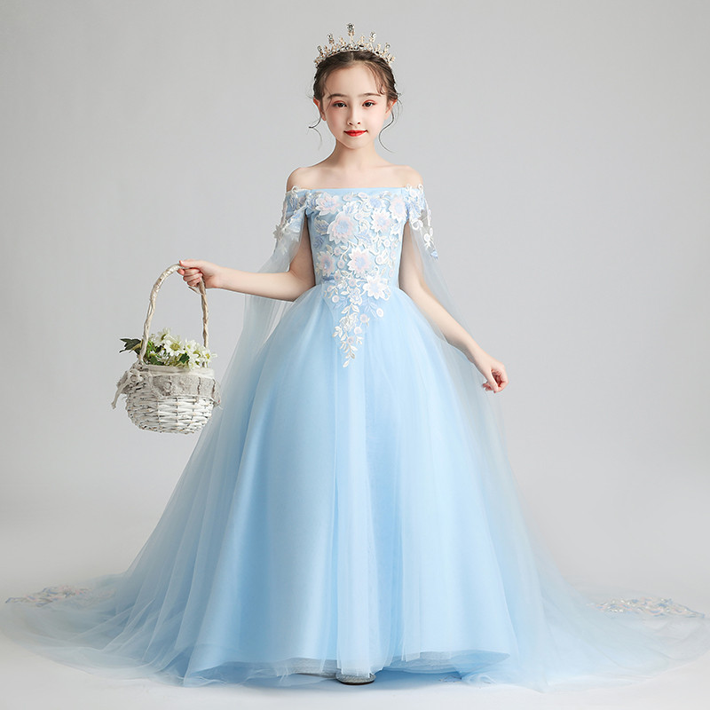 

3~14T Children Girls Appliques Flowers Birthday Evening Party Princess Long Mesh Dress Kid Teens Host Piano Costumes Wear, Blue long dress