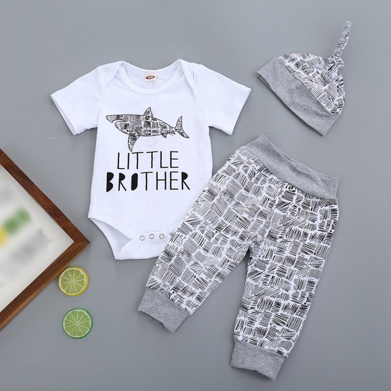

3 Pieces Set Summer Baby Boy Casual Short Sleeve Cute Animal Letters Print Romper Tops Striped Trousers Hat Outfits Clothes, White