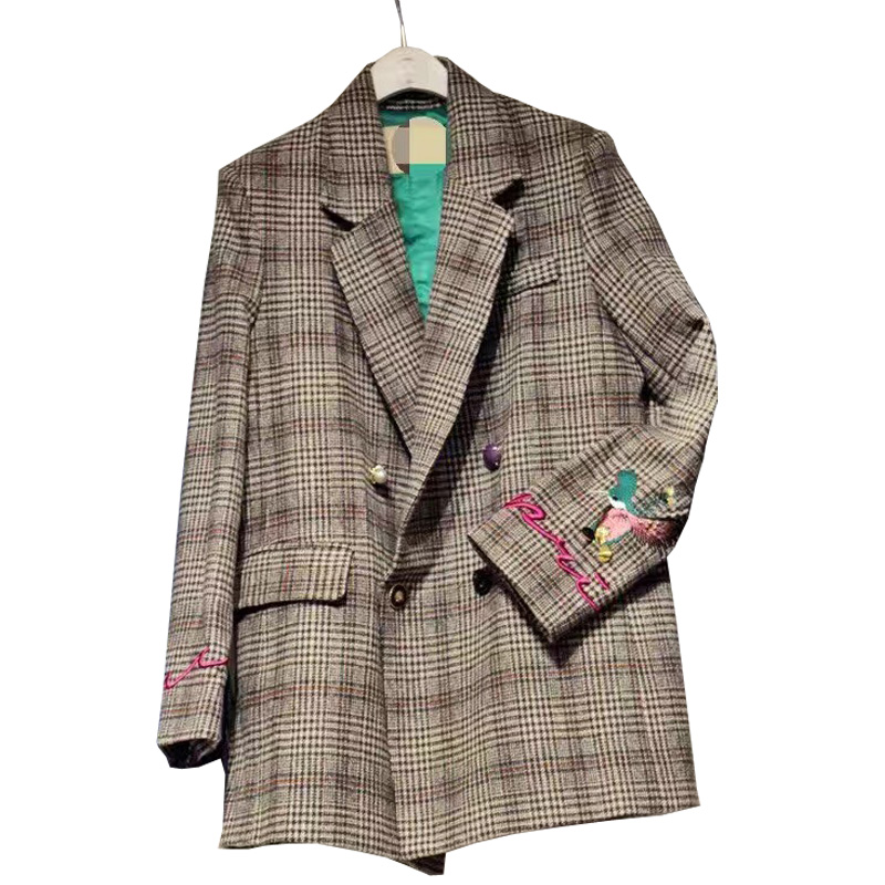 

high quality Women' autumn new Korean version of the plaid embroidery inthe long paragraph loose retro woolen suit jacket women, Clear