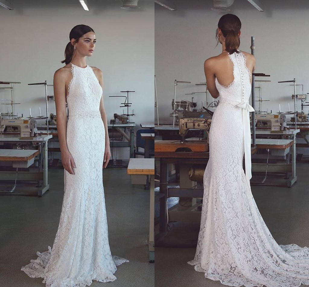2020 Vintage Mermaid Wedding Dresses with Halter Neck Sweep Train Fully Classy Elegant Lace Trumpet Bow Sash Beach Bridal Gowns