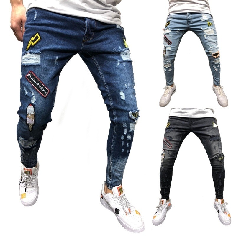 

Ripped Embroidered Fashion Jeans Skinny Jeans Men's Streetwear Black, Blue