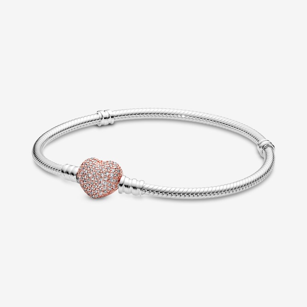 

New Moments Pavé Heart Clasp Snake Chain Bracelet 100% 925 Sterling Silver Chain Rose Gold Clasp With Clear Stone Fashion Accessories