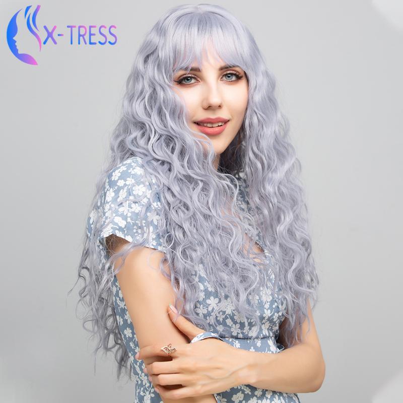 

X-TRESS Fashion Synthetic Hair Wig 130% Light Grey Color Hair Wigs For White Black Women Machine Made Wig With Bangs, Natural wave-14inch
