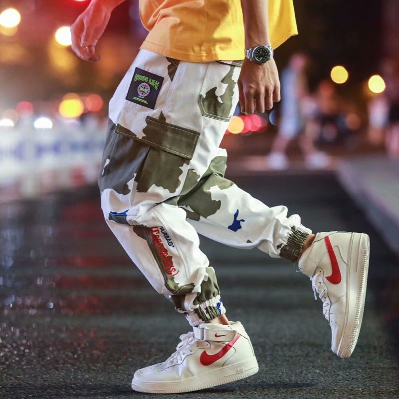 

Januarysnow Ins Super Fire White Camouflage Overalls Men's Fashion Brand Loose Yu Wenle Sports Leggings Hiphop Pants