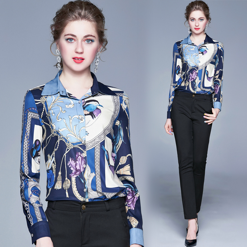 

Wholesale Spring Summer Fall Runway Vintage Print Collar Button Front Long Sleeve Womens Ladies Party Casual Top Shirt Blouse, As pic