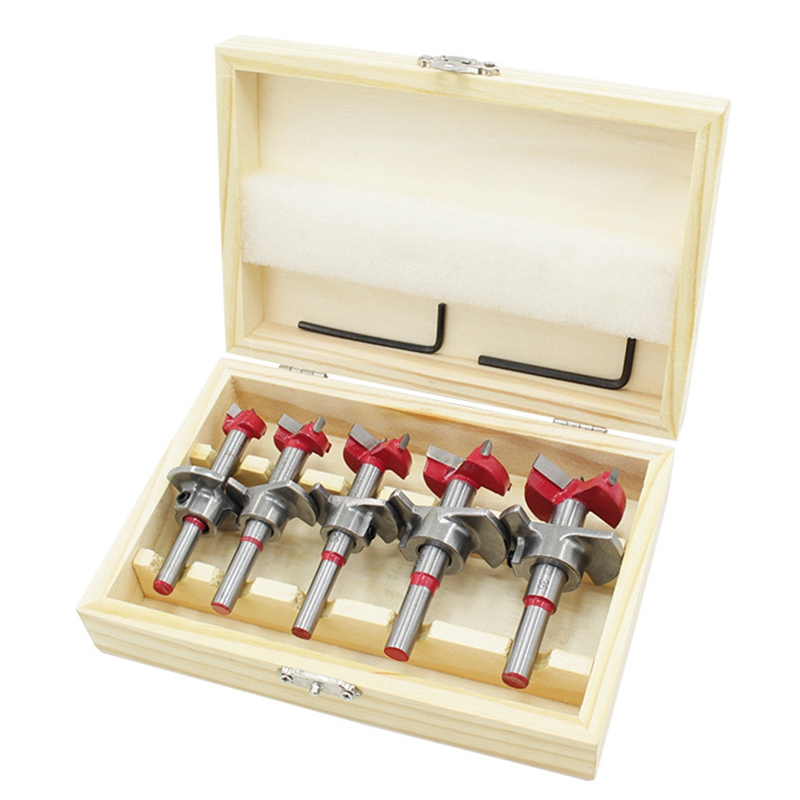 

SHGO HOT-5Pcs Auger Drill Bit Set Wood Cutter Hex Wrench Woodworking Hole Saw for Power Tools Wooden Box