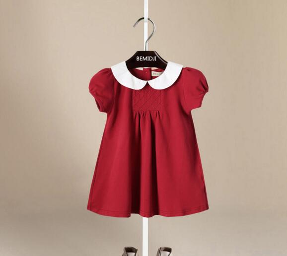 

girl kids clothing dress Pet Pan Collar Short sleeve Wine Red girl elegant Summer Lolita Simple style Dress 80-120cm, As picture