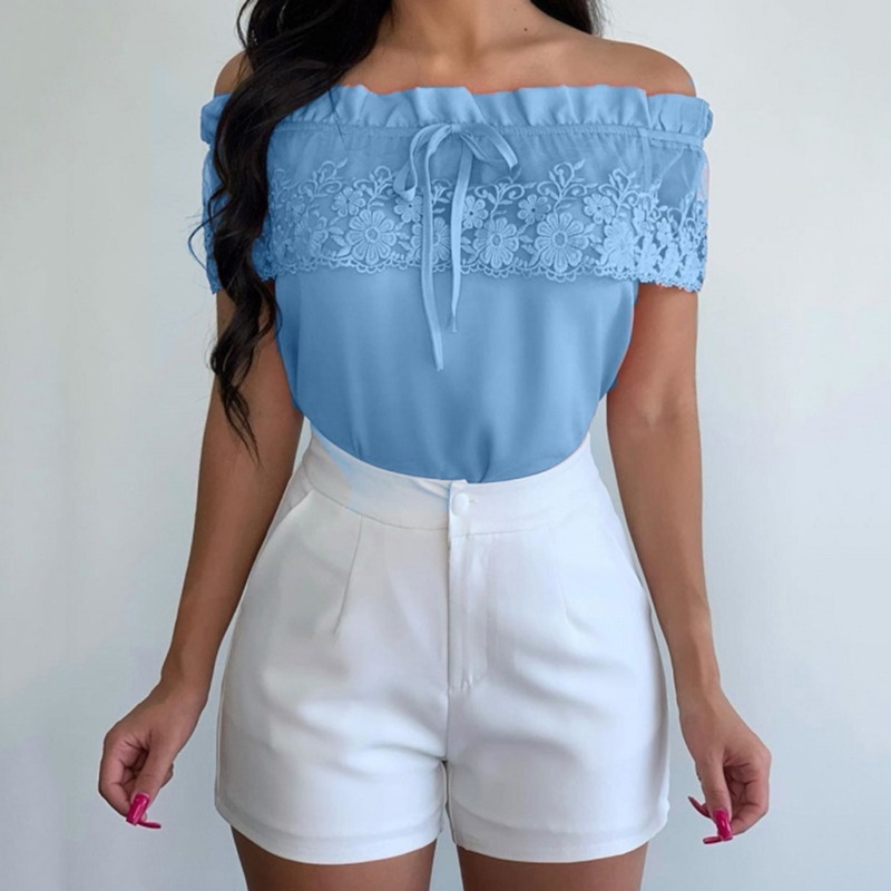 

Summer Solid Color Shirt Women Word Collar Strapless Lace Lace Top tee Shirts Female Sexy Short Sleeve Shirts Femme, White