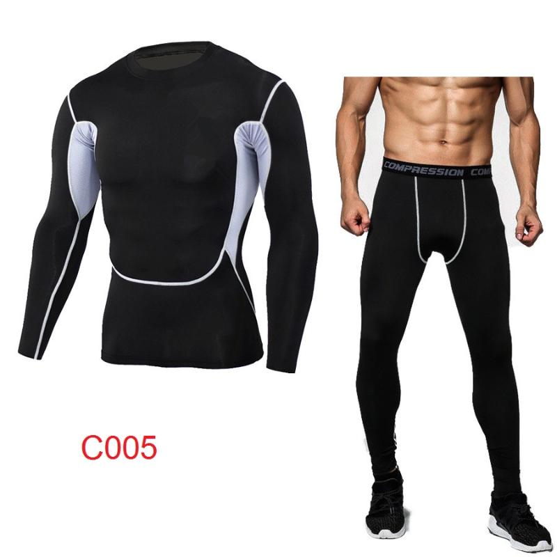 

Mens Compression Shirt Pants Set Bodybuilding Tight Long Sleeves Shirts Leggings Sport Suit Workout Fitness Sportswear Size 3XL, C001