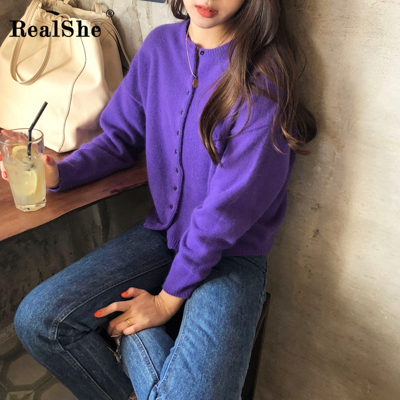 

RealShe Female Sweater O-neck Long Sleeve Buttons Solid Women Cardigan 2020 Spring Casual Streetwear Sweaters Cardigan for Women, Purple sweater