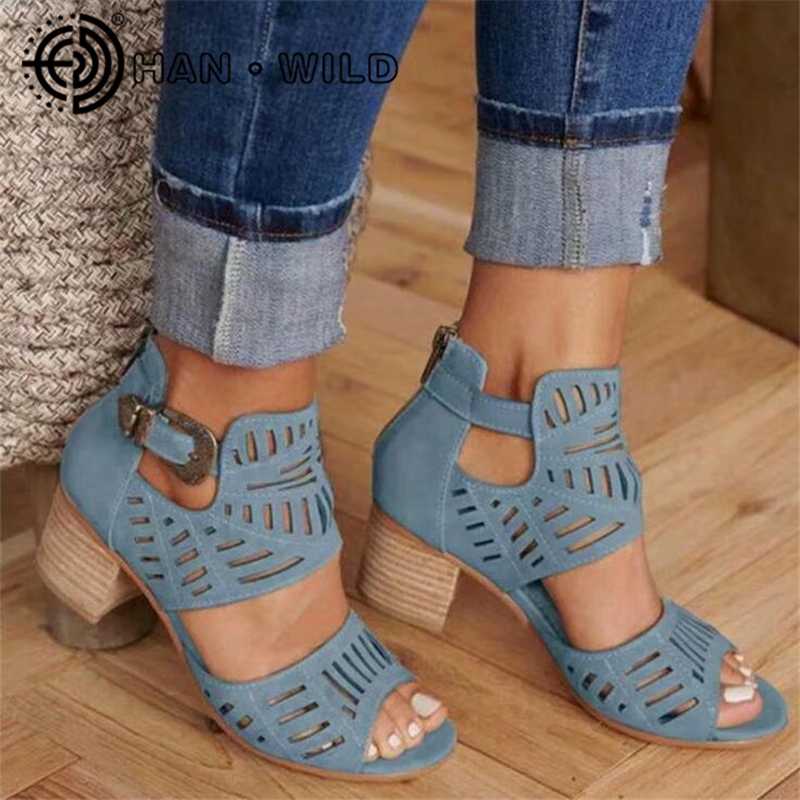 

Square Heel Women Hollow Out Sandals Ankle Buckle Ladies Shoes Open Toe Women Mid Heel Pumps Female Casual Shoes Vintage Sandal, Black