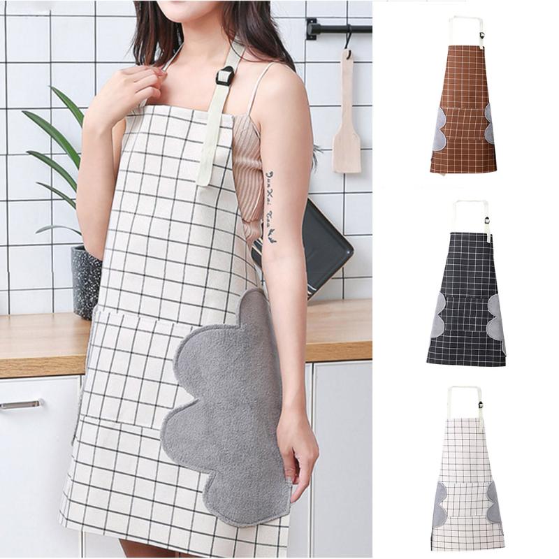 

Erasable Hand Waterproof Apron Kitchen Oil and Dirt Antifouling Plaid Apron Large Front Pockets J99Store