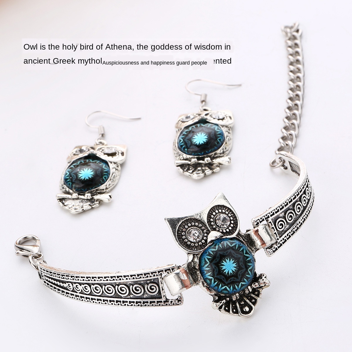 

Owl three-piece necklace earrings bracelet colorful shell necklace set