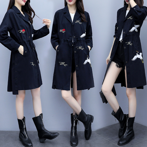 

Embroidered Plus Size 5xl Women's Windbreaker Long Wind Coat Female Clothes Casual Trench Coat For Women Raincoat Feminino Coats, Black