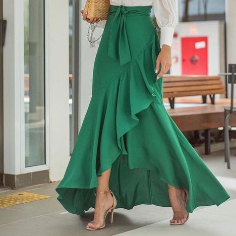 

Elegant Green Long Skirts Side Slit Ruffles Formal Event Women Custom Made Skirts, Silver